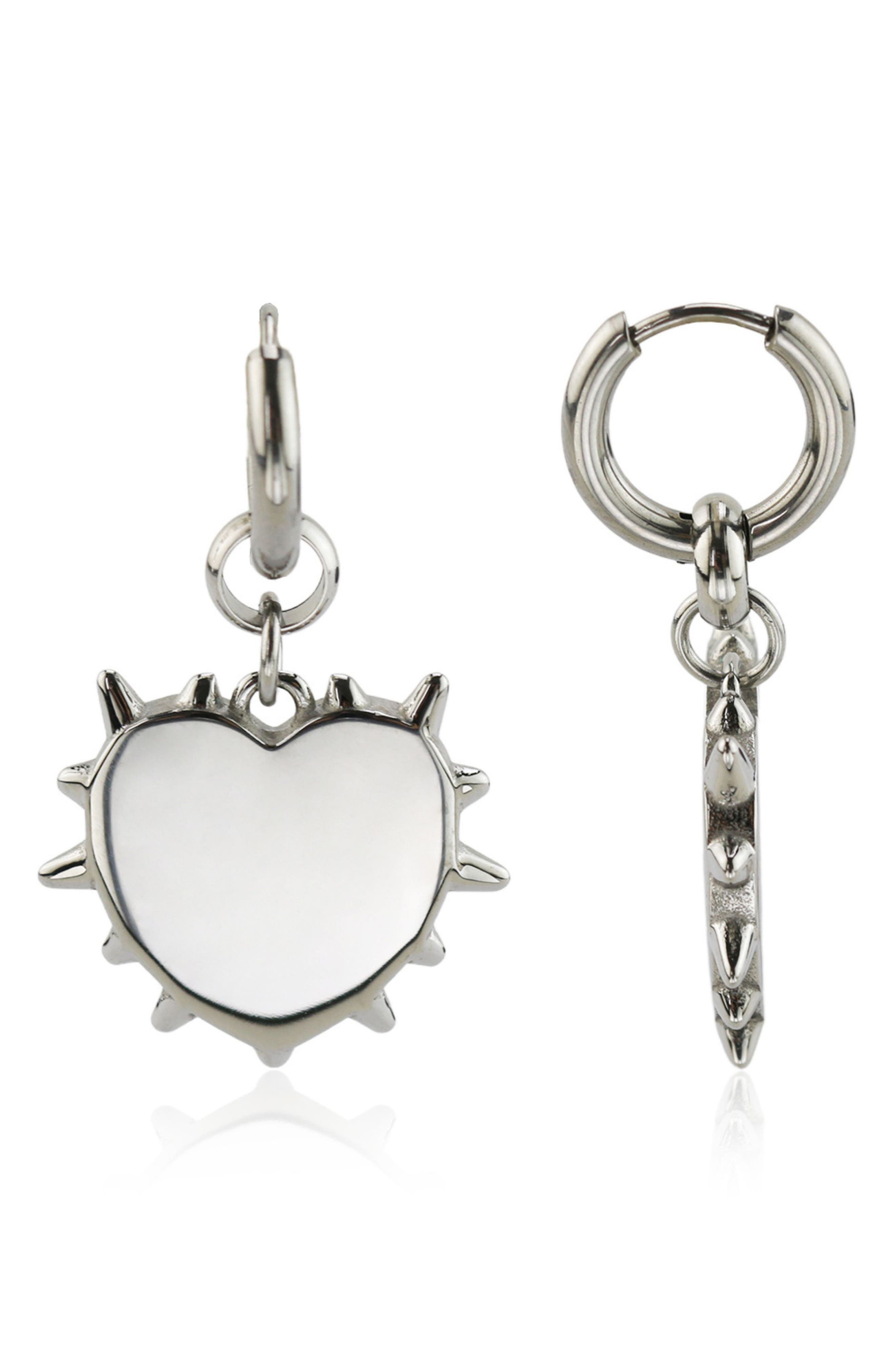 REBL Spiked Heart Drop Huggie Hoop Earrings