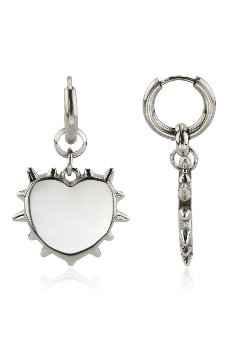 Spiked Heart Drop Huggie Hoop Earrings, Main, color, SILVER