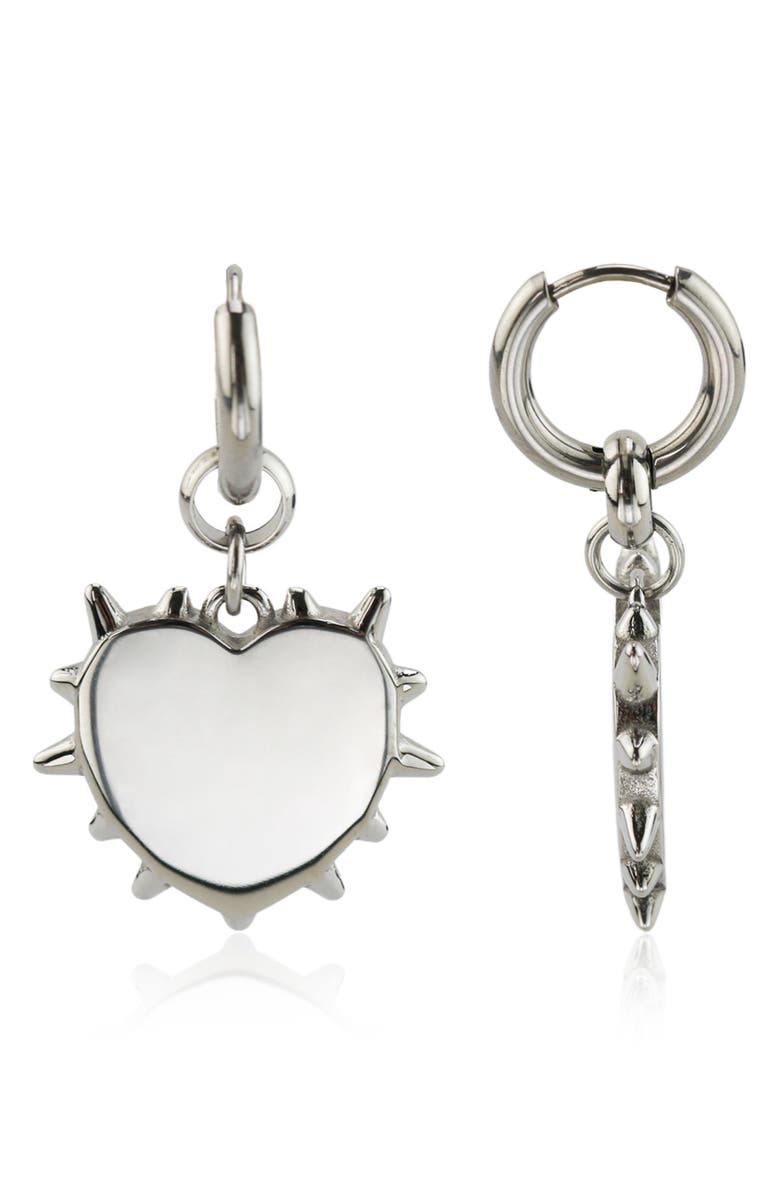 REBL Spiked Heart Drop Huggie Hoop Earrings, Main, color, Silver