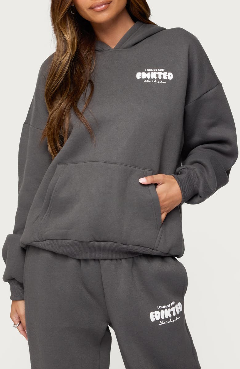 EDIKTED Lounge Edit Logo Graphic Hoodie, Main, color, Dark-Gray