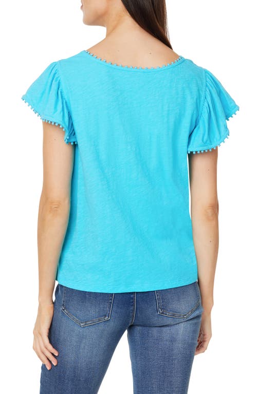 Curve Appeal Pompom Flutter Sleeve Cotton Top In Blue Atoll