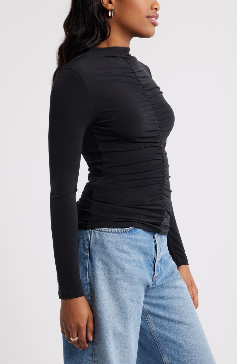 Open Edit Shirred Mock Neck Top, Alternate, color, Black