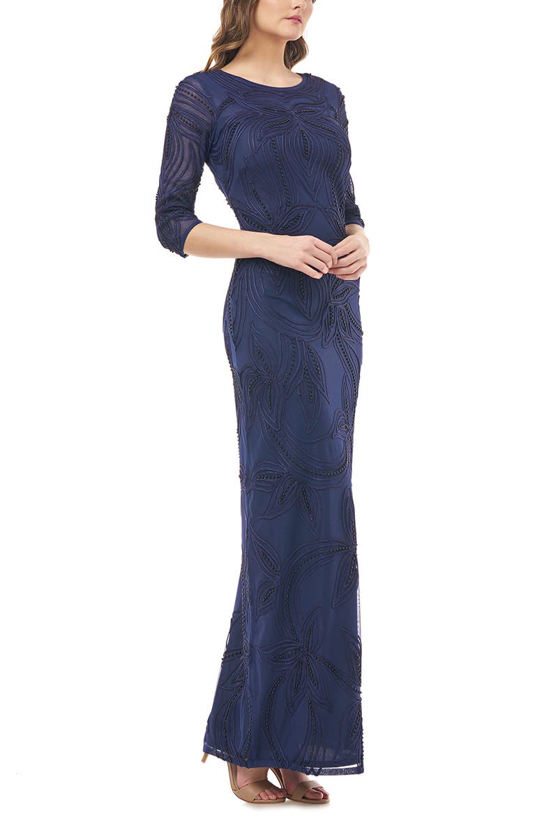 Pearl Beaded Soutache Column Gown, Main, color, NAVY