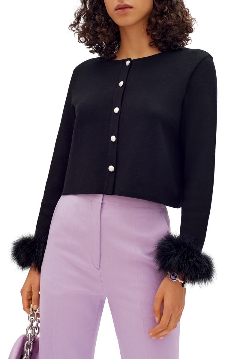 Sleeper Turkey Feather Trim Crop Lounge Cardigan, Main, color,