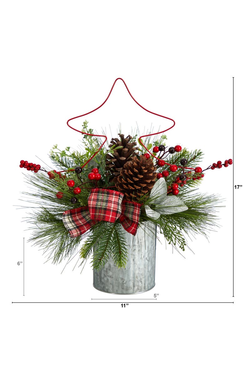NEARLY NATURAL 17-in Pinecone and Berries Artificial Christmas Arrangement with Decorative Metal Vase and Wire Red Christmas Tree, Alternate, color, Green