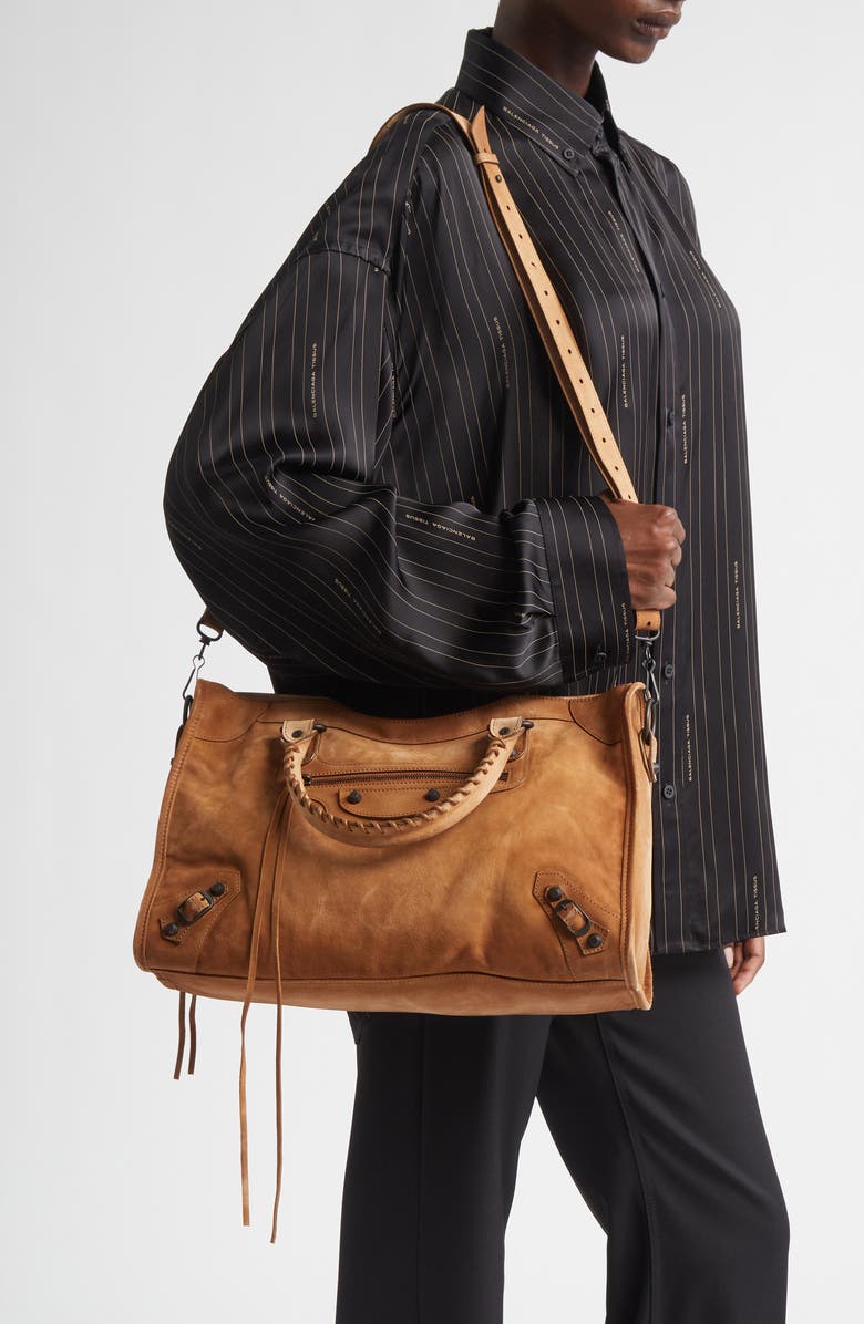 Balenciaga Medium Le City Suede Satchel, Alternate, color, Camel