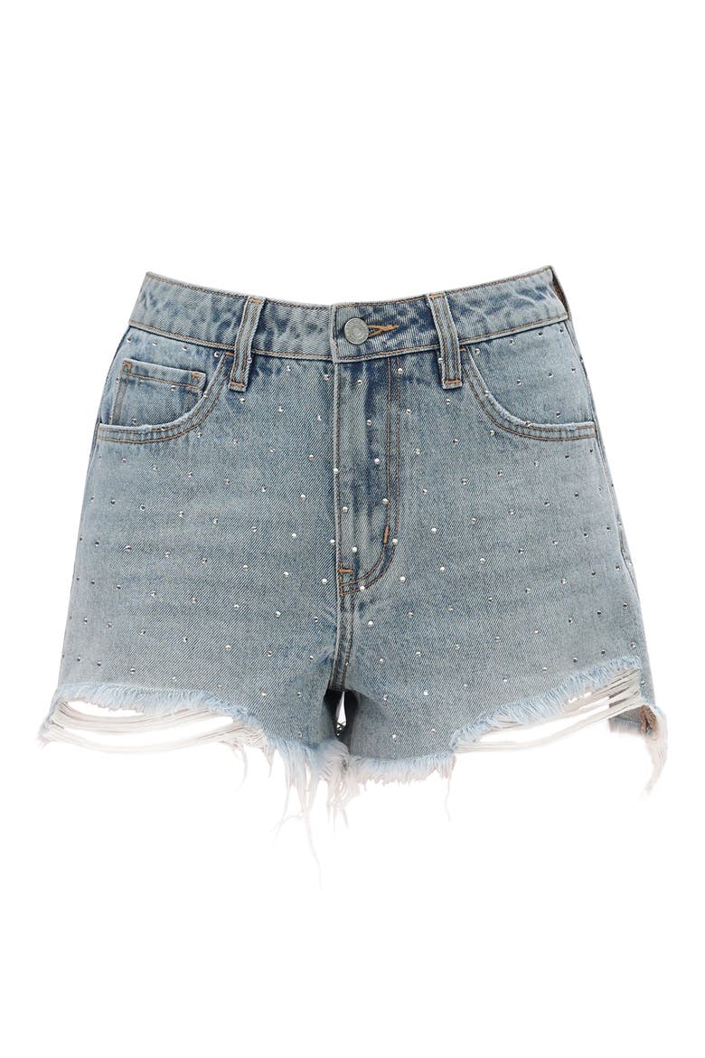 Rhinestone Raw Hem High Waist Denim Shorts, Alternate, color, LIGHT BLUE