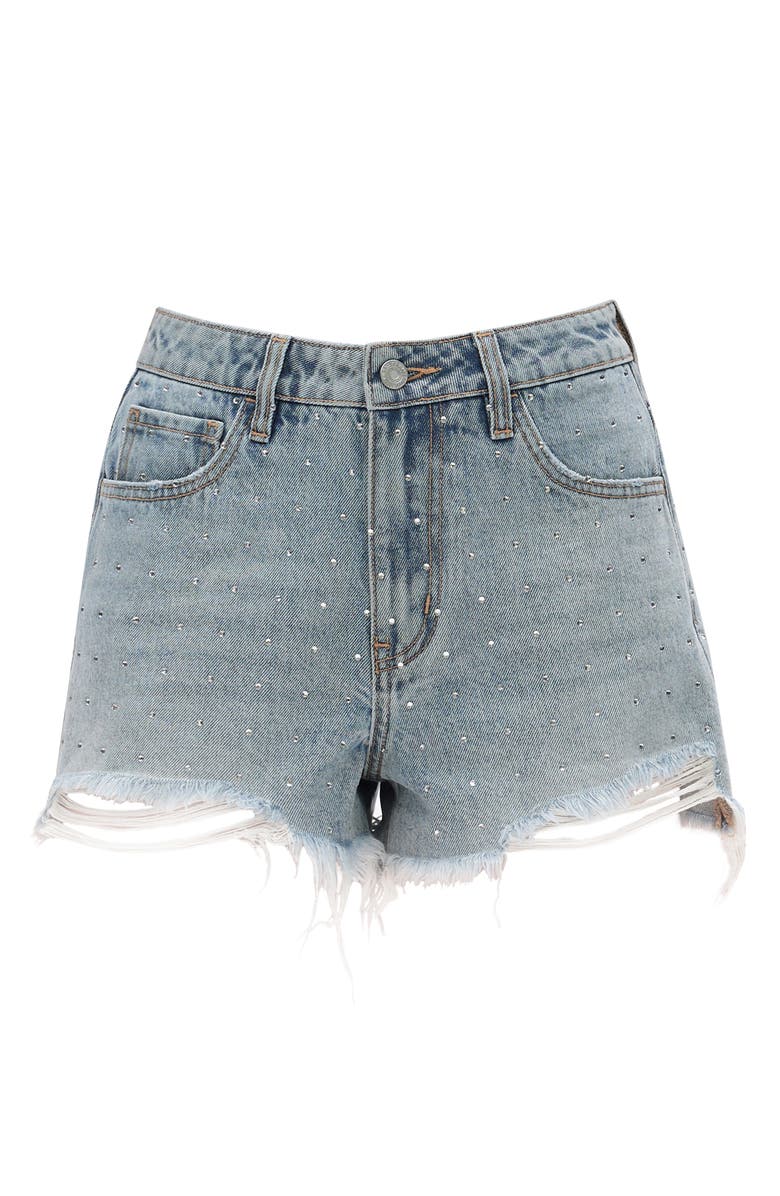 Bayeas Rhinestone Raw Hem High Waist Denim Shorts, Alternate, color, Light Blue
