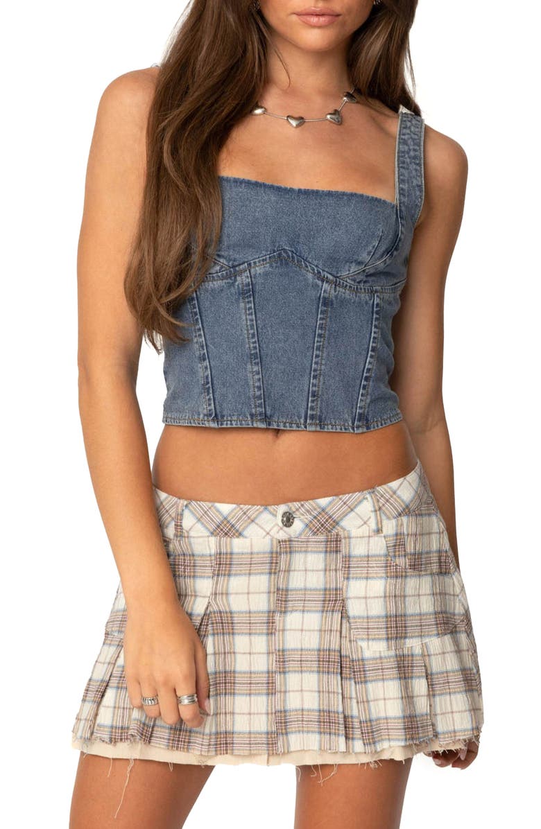 EDIKTED Pollie Denim Bustier Crop Top, Main, color, Blue