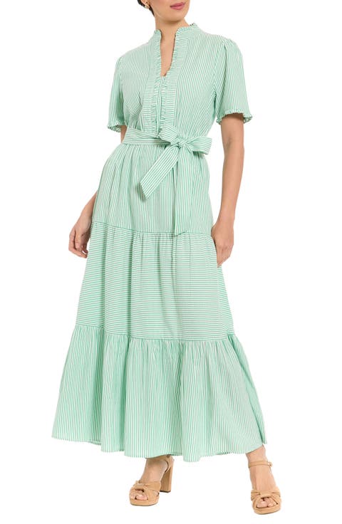 Stripe Short Sleeve Tie Waist Tiered Cotton Maxi Dress (Petite)
