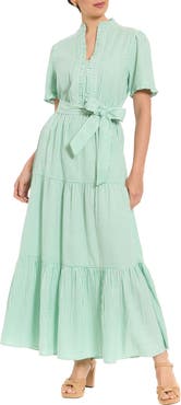 London Times Stripe Short Sleeve Tie Waist Tiered Cotton Maxi Dress
