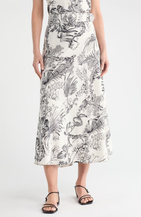 Belted Linen Blend Maxi Skirt