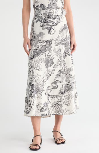 T Tahari Belted Linen Blend Maxi Skirt In Multi