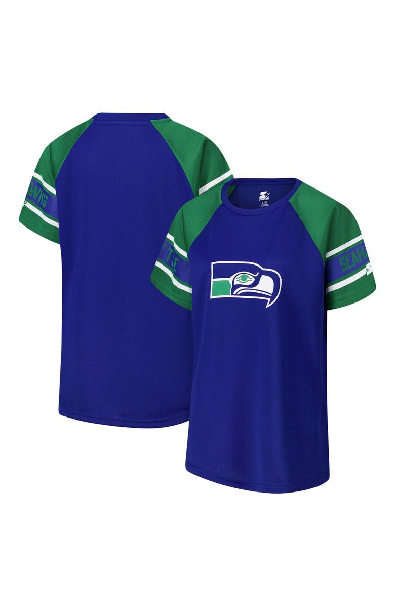 STARTER Women's Starter Royal Seattle Seahawks 1st Rounder Color Block Raglan Top, Main, color, 