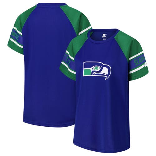 Starter Royal Seattle Seahawks 1st Rounder Color Block Raglan Top In Blue