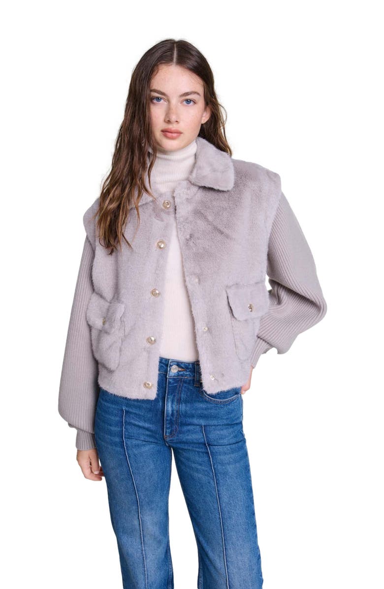 maje Dual-material faux fur jacket, Alternate, color, 