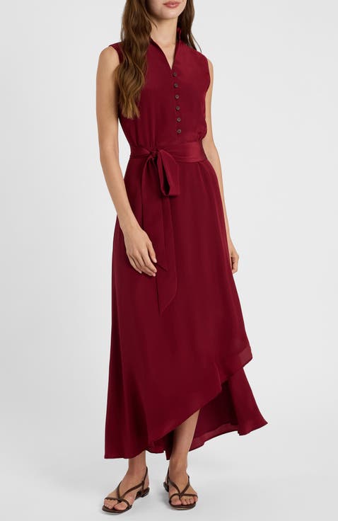 Carson Silk Hi-Lo Ruffle Collar Midi Dress