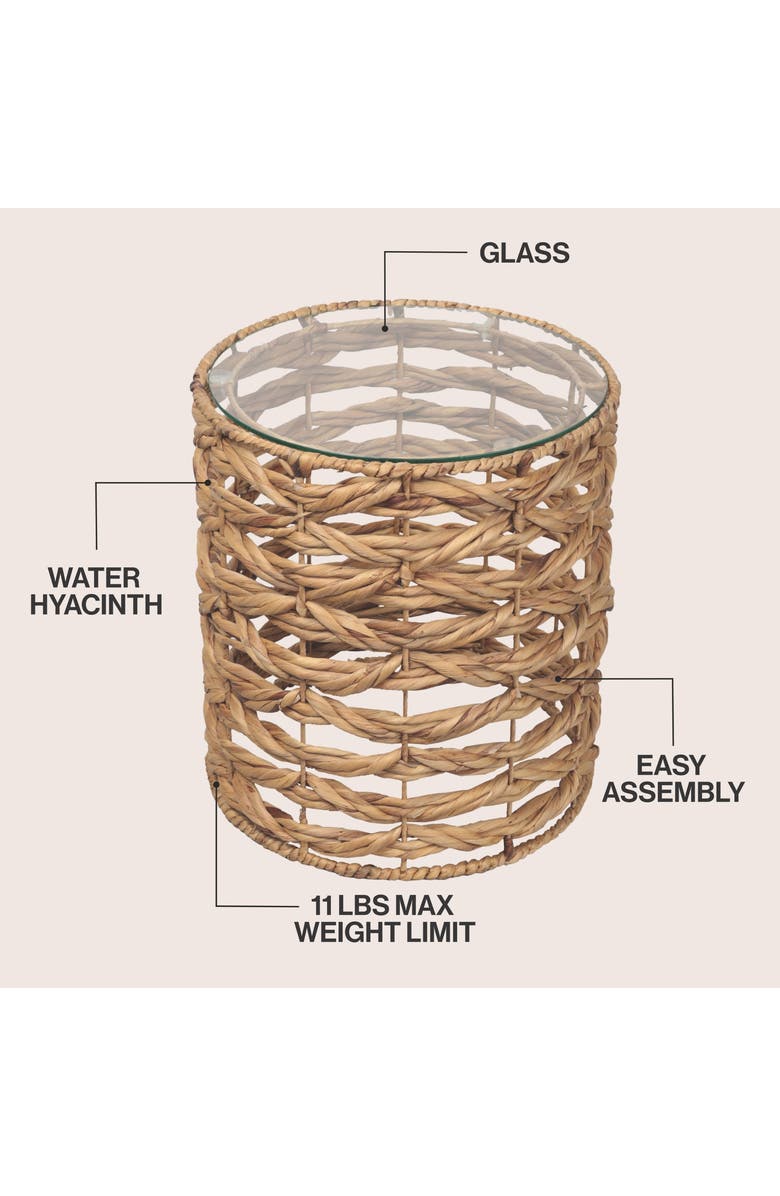JONATHAN Y Malaya 16" Bohemian Coastal Handwoven Water Hyacinth Open Weave Round End Table with Glass Top, Alternate, color, Natural