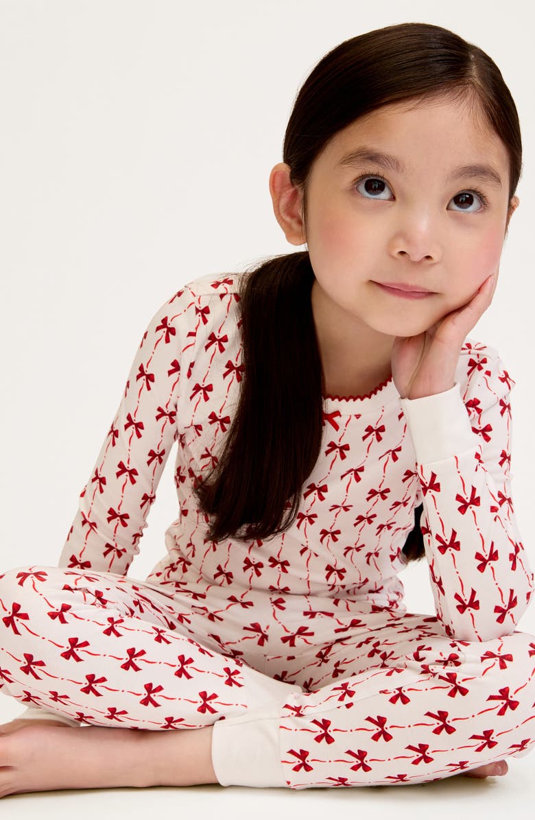 Petite Plume Kids' Blissful Bows Fitted Two-Piece Pima Cotton Pajamas, Alternate, color, Red