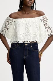 Sam Edelman Lace Ruffle Off the Shoulder Crop Top