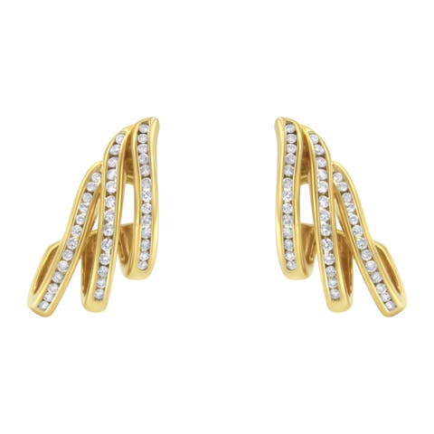 10K Yellow Gold 1 Cttw Diamond Multi Row Open Hoop Stud Earrings