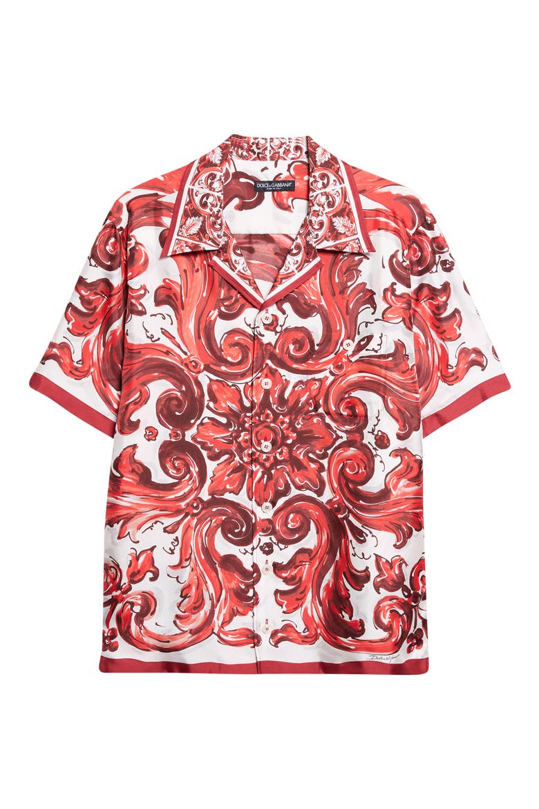 Majolica Print Short Sleeve Silk Button-Up Shirt, Alternate, color, ID5DQ MAIOLICA 1L RUBINO