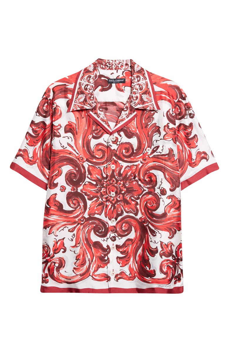 Dolce&Gabbana Majolica Print Short Sleeve Silk Button-Up Shirt, Main, color, Id5dq Maiolica 1L Rubino