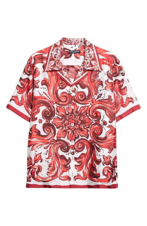 Majolica Print Short Sleeve Silk Button-Up Shirt