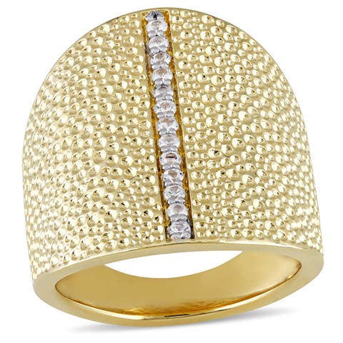 White Sapphire Textured Wide Ring Yellow Silver