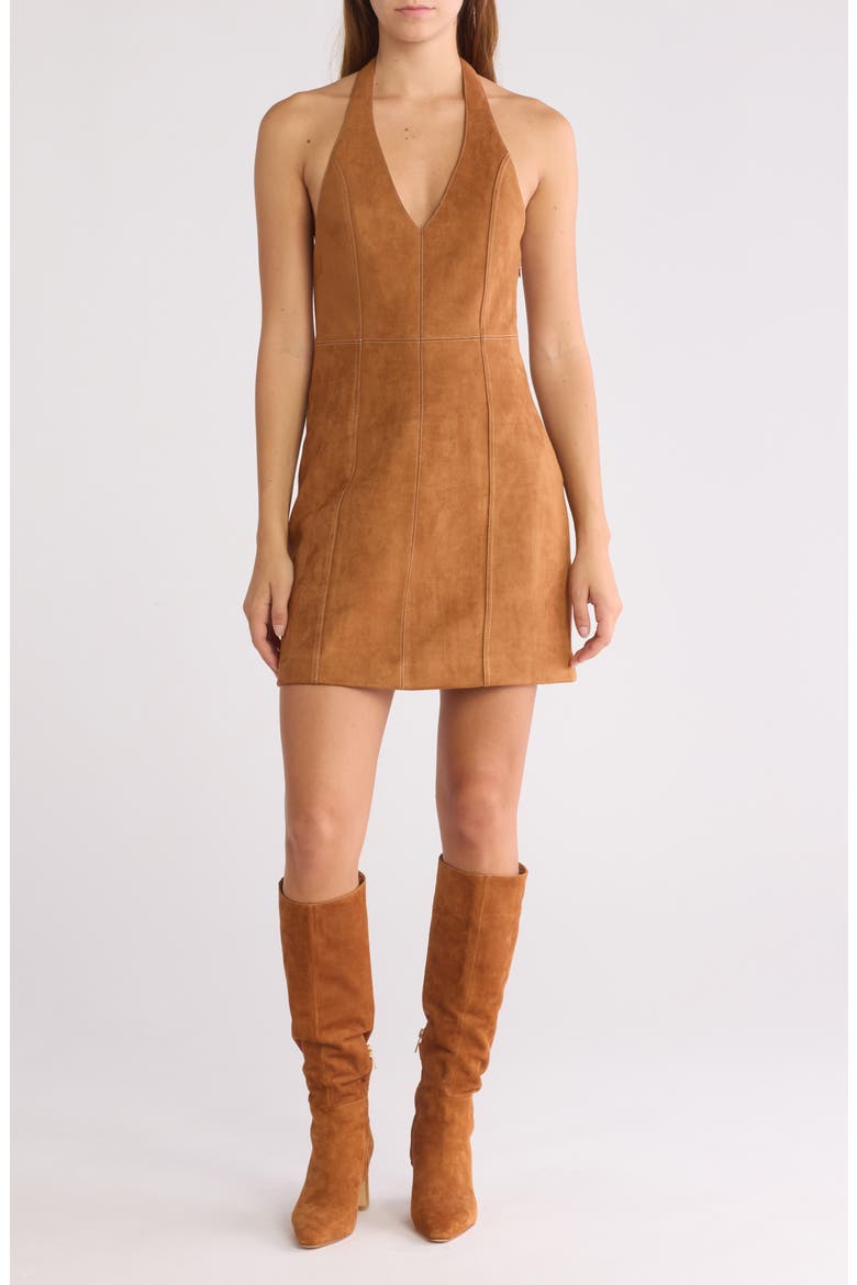 The Neckline Faux Suede Halter Dress, Main, color, CINNAMON SPICE