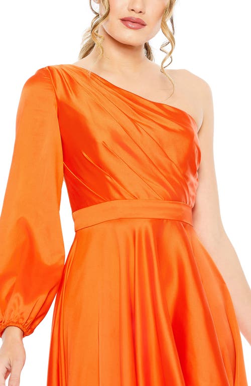 Mac Duggal Single Long Sleeve Pleated Bodice High Low Gown In Orange
