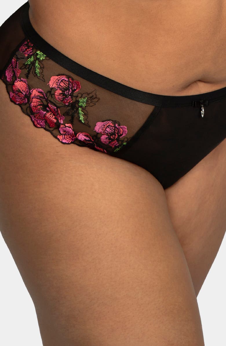 Curvy Couture Floral Embroidered Strappy Back Briefs, Alternate, color, Lush Black