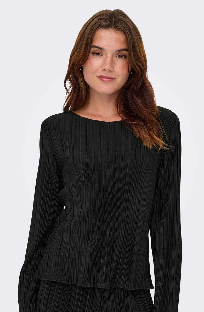 Only Pery Long Sleeve Plissé Top, Alternate, color, Black
