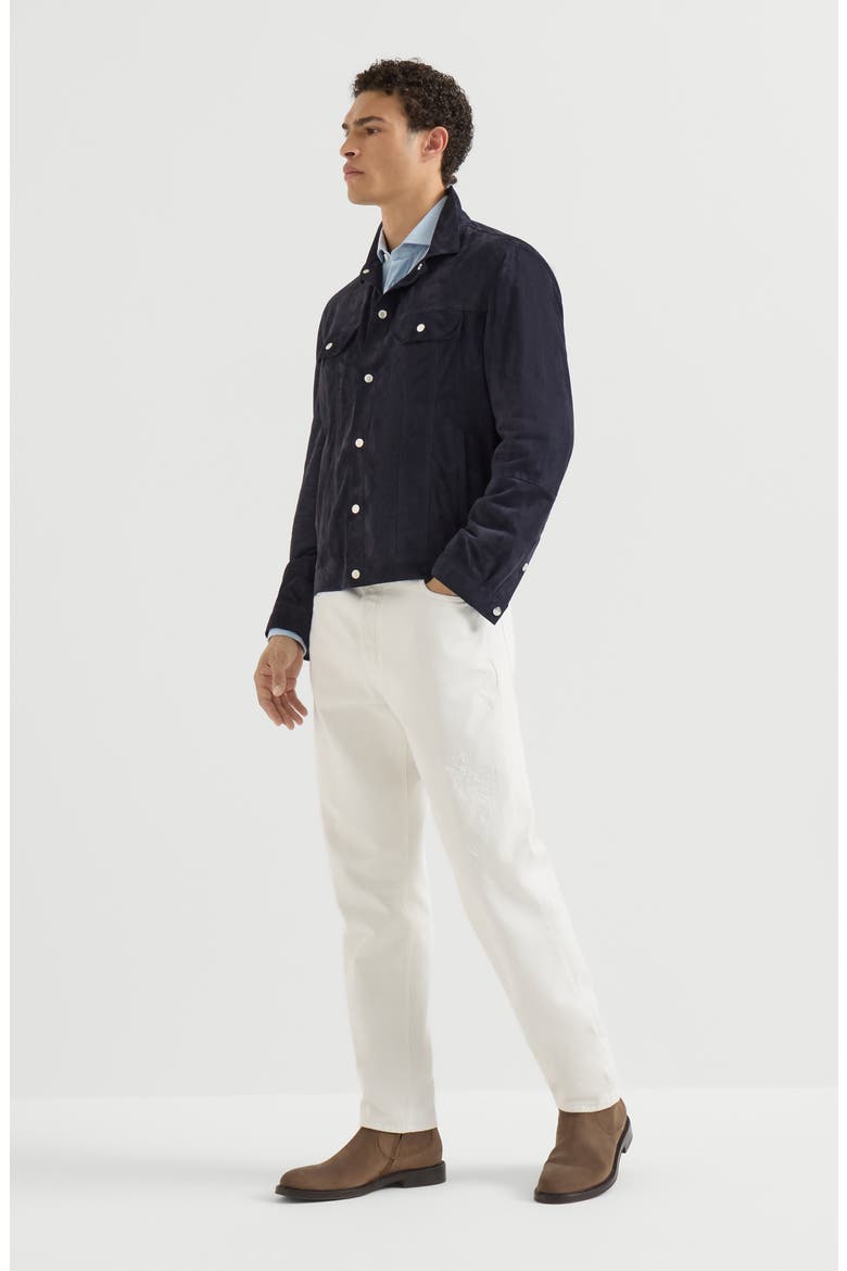 Cotton and cashmere denim-effect diagonal shirt with spread collar, Alternate, color, Sky Blue