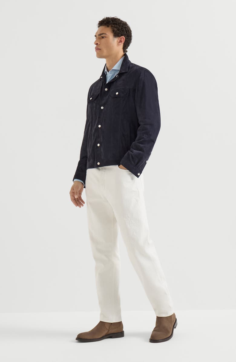 Brunello Cucinelli Cotton and cashmere denim-effect diagonal shirt with spread collar, Alternate, color, Sky Blue
