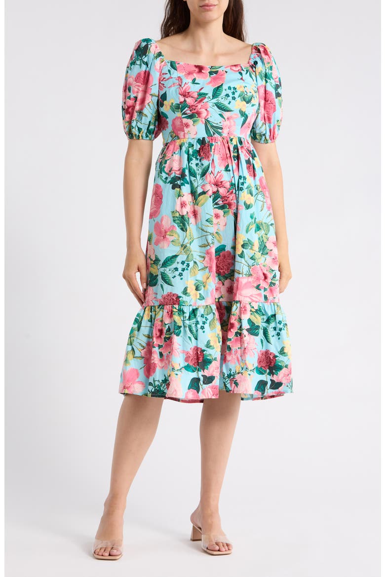 Puff Sleeve Flounce Midi Dress, Main, color, AQUA MULTI