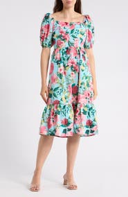 Eliza J Puff Sleeve Flounce Midi Dress