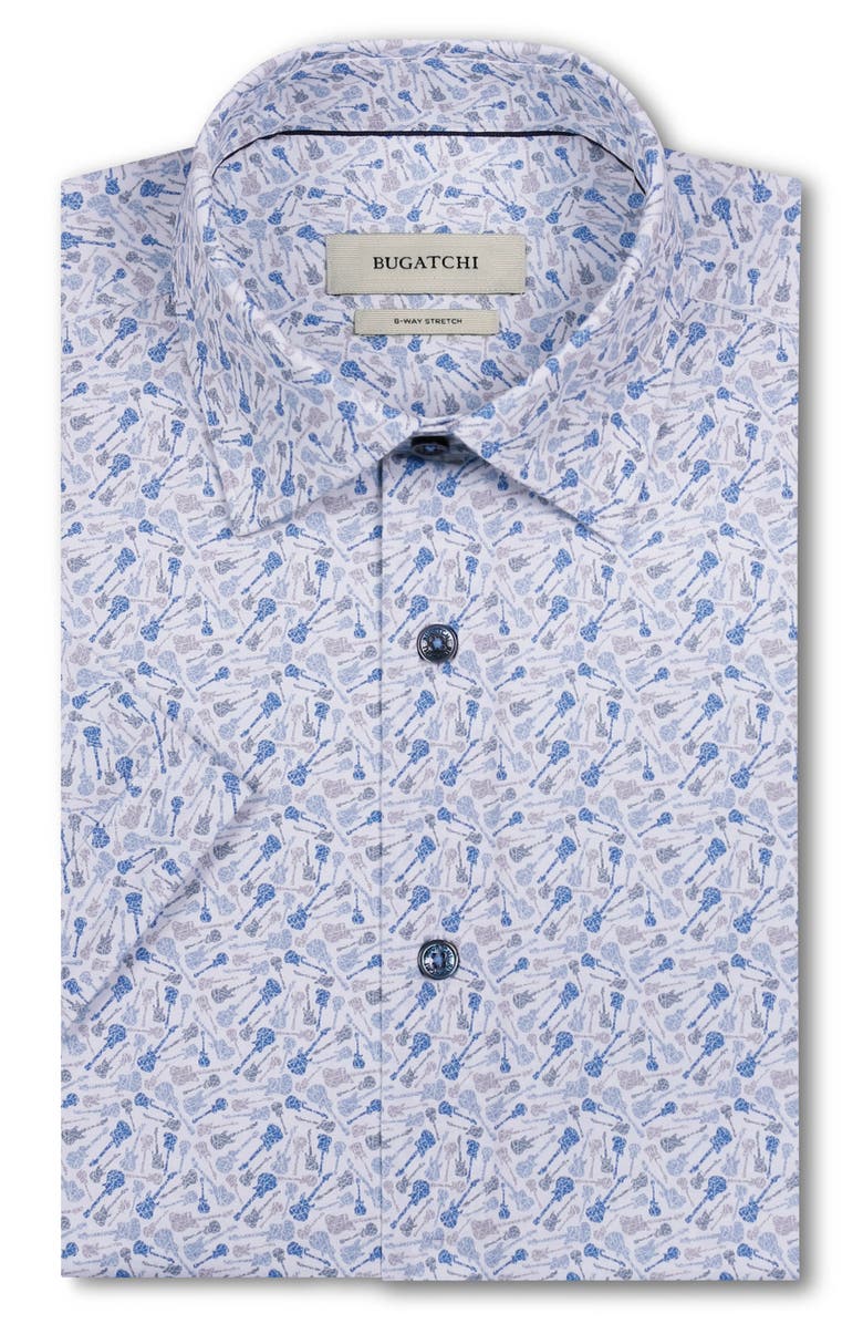 Bugatchi Miles OoohCotton<sup>®</sup> Guitar Print Short Sleeve Button-Up Shirt, Alternate, color, Peacock