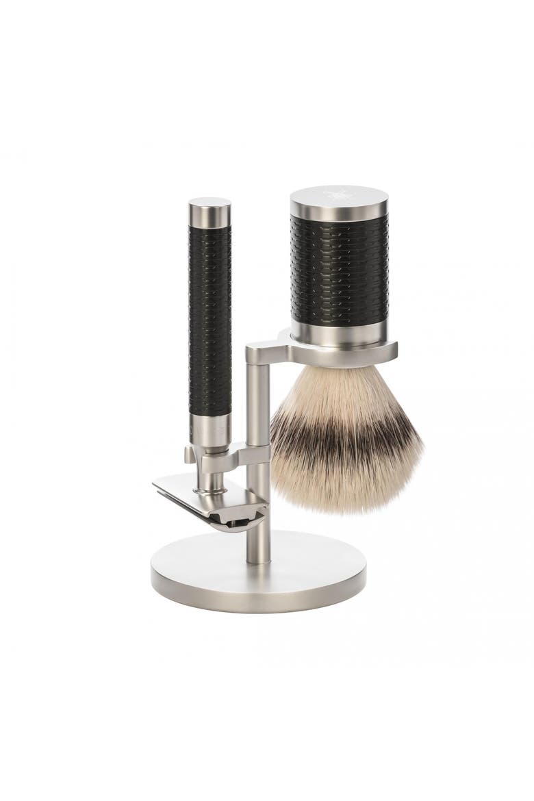 Rocca Stainless Steel & Black 3-Piece Silvertip Fiber & Safety Razor Shaving Set, Main, color, Steel