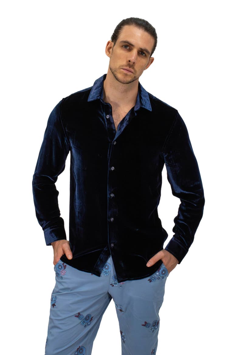 Ned Button-Up Velvet Shirt, Alternate, color, Navy