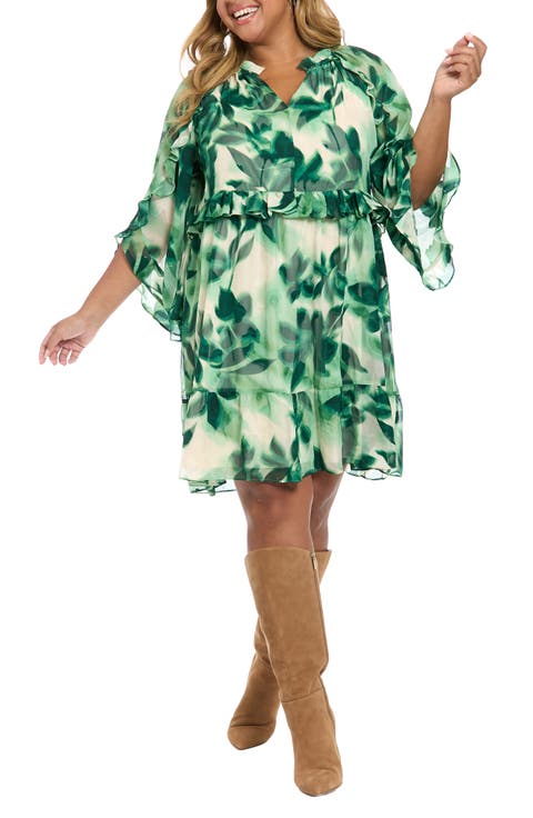Floral Ruffle Chiffon A-Line Dress (Plus)