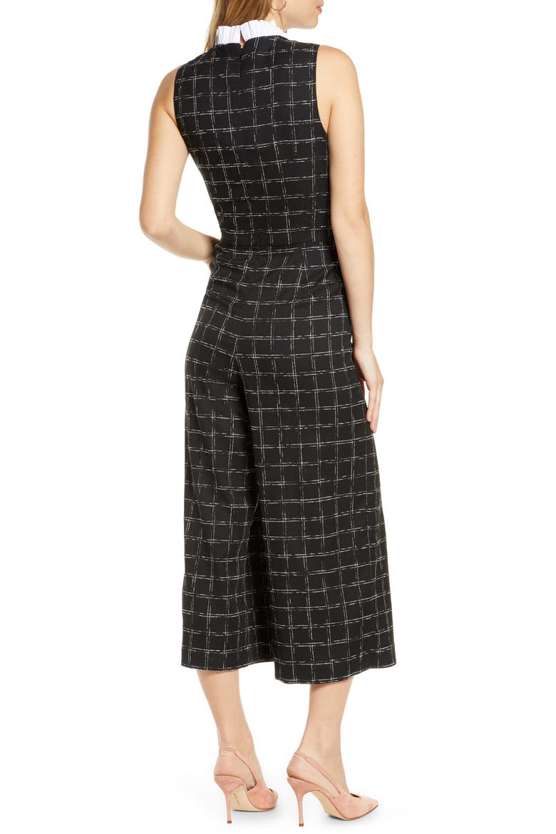 Windowpane Plaid Ruffle Collar Crop Jumpsuit, Alternate, color, BLACK