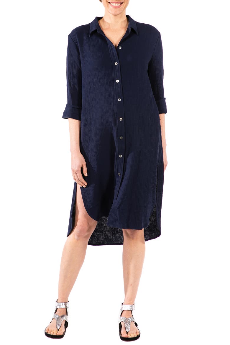 Carissa Long Sleeve Crinkle Maternity/Nursing Shirtdress, Main, color, NAVY