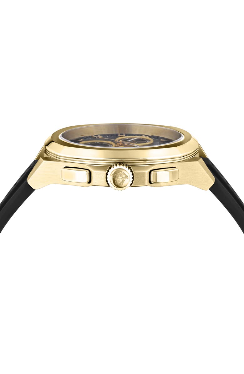 Versace Geo Chronograph Silicone Strap Watch, 43mm, Alternate, color, Gold
