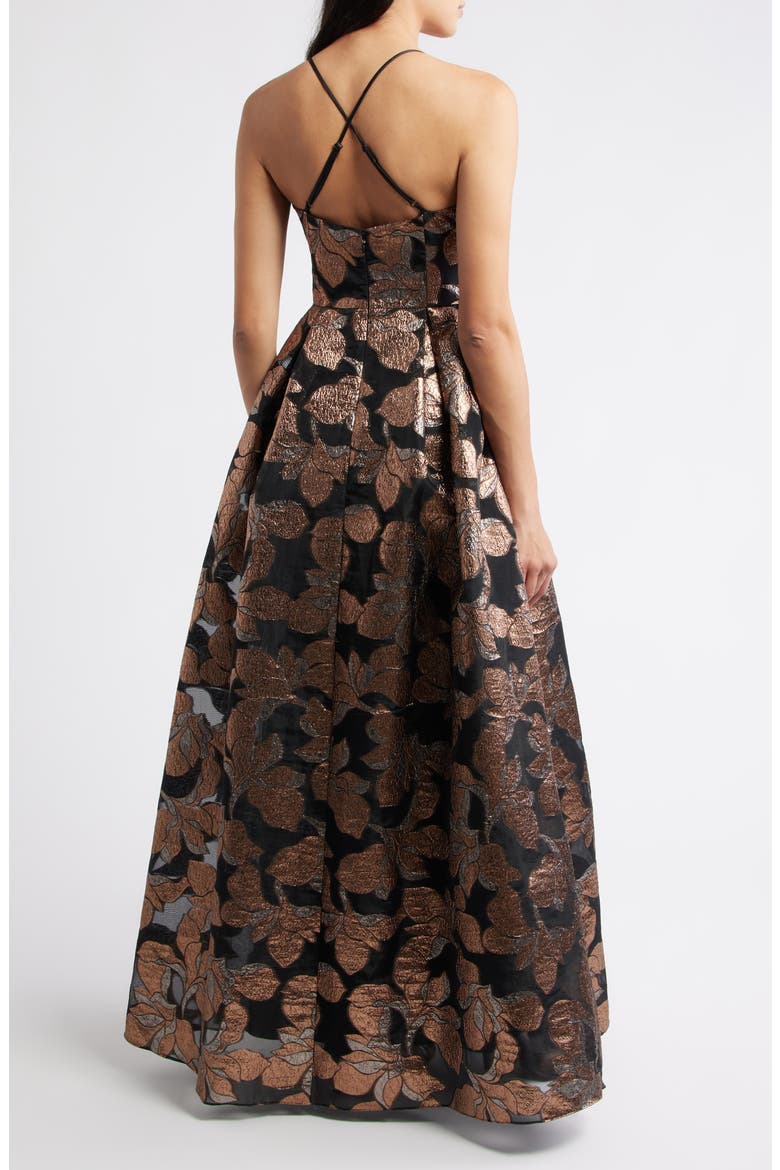 Metallic Floral Jacquard Ballgown, Alternate, color, BLACK BRONZE