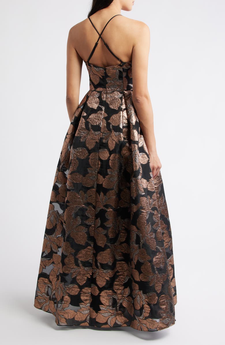 Eliza J Metallic Floral Jacquard Ballgown, Alternate, color, Black Bronze