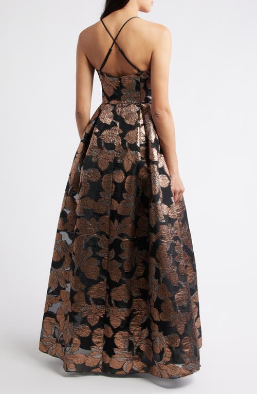 Eliza J Metallic Floral Jacquard Ballgown In Brown