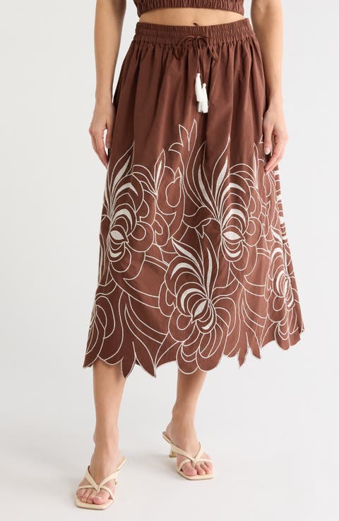 Embroidered Tassel Tie Front Skirt