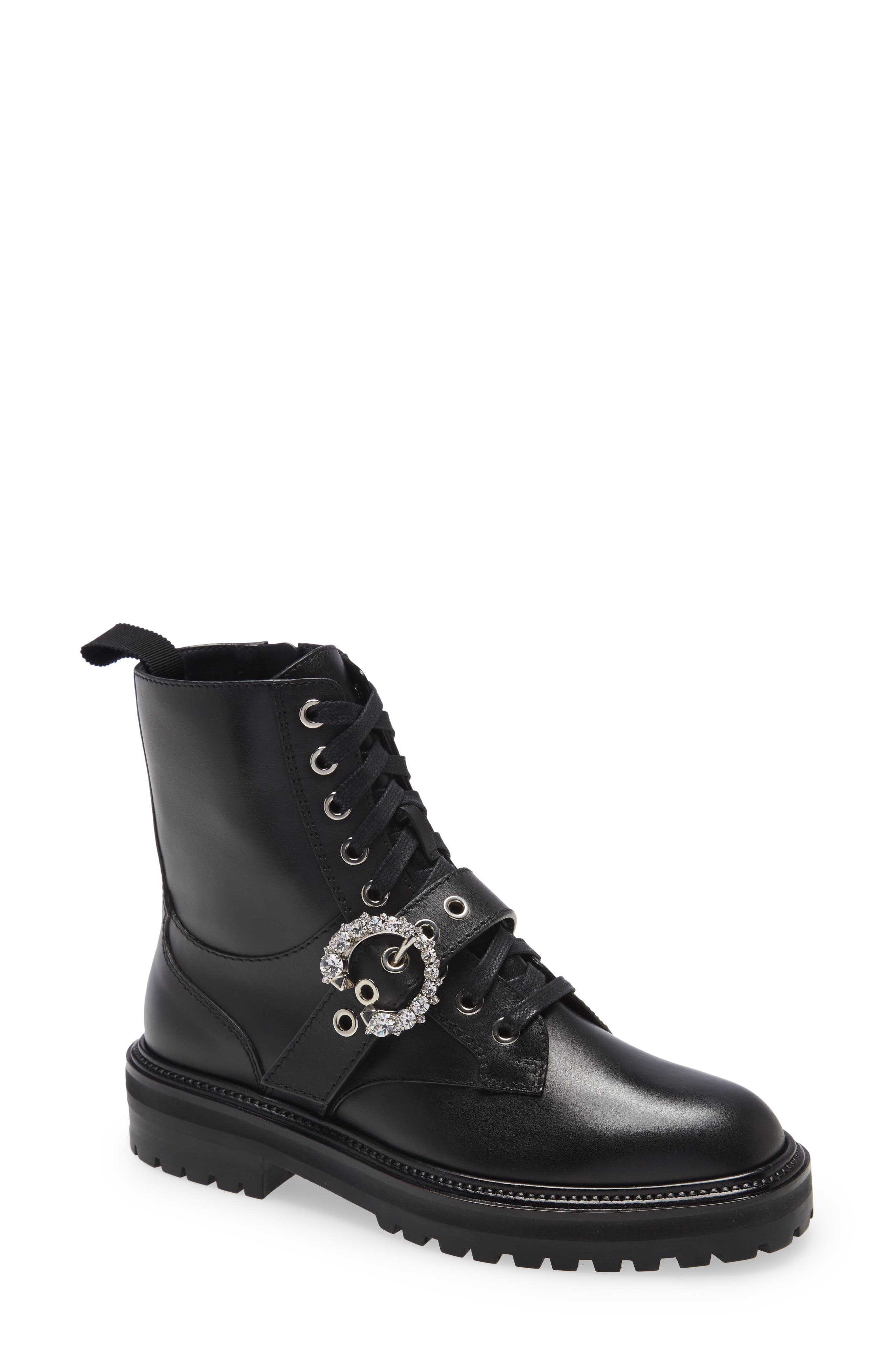 Jimmy Choo Cora Crystal Buckle Combat Boot, Main, color, 
