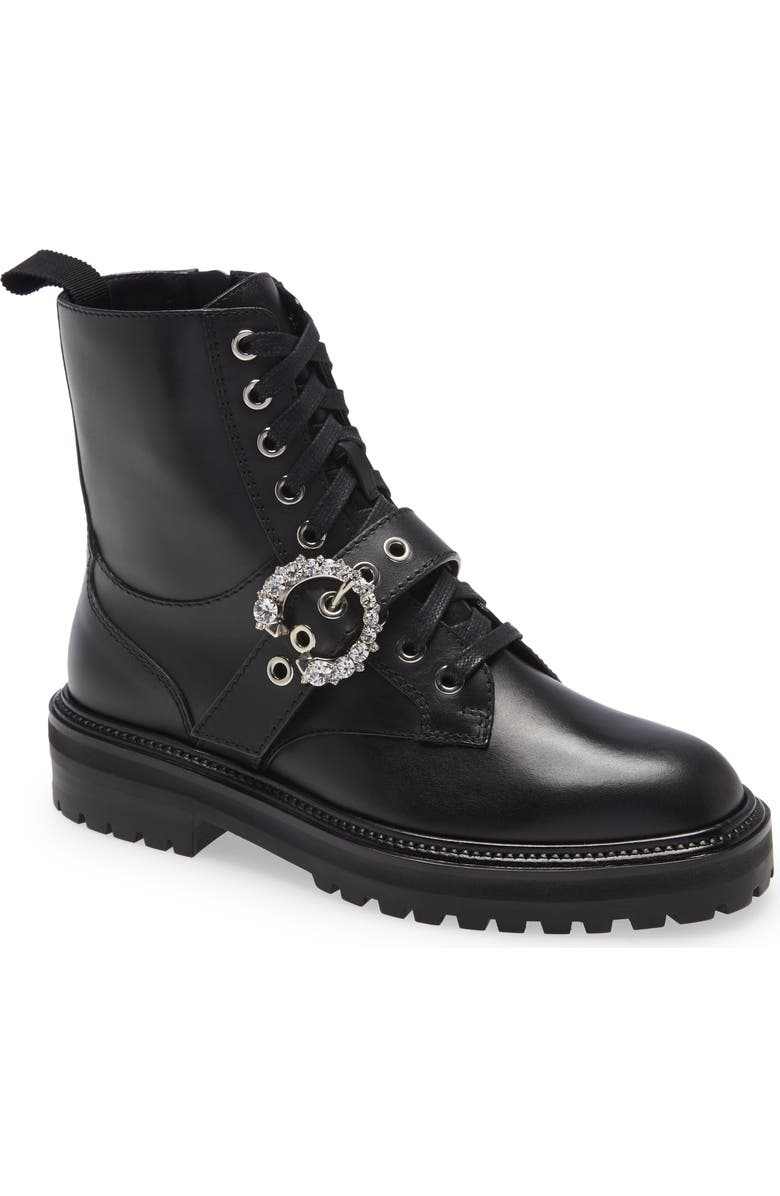 Jimmy Choo Cora Crystal Buckle Combat Boot, Main, color,